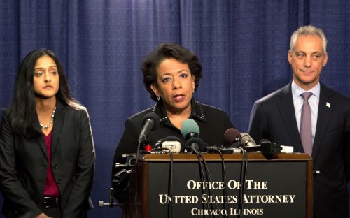 Attorney General Loretta Lynch speaks during a news conference accompanied by Principal Deputy Assistant Attorney General Vanita Gupta, left, and Chicago Mayor Rahm Emanuel Friday, Jan. 13, 2017, in Chicago. The U.S. Justice Department issued a scathing report on civil rights abuses by Chicago's police department over the years. The report released Friday alleges that institutional Chicago Police Department problems have led to serious civil rights violations, including racial bias and a tendency to use excessive force. (AP Photo/Teresa Crawford)
