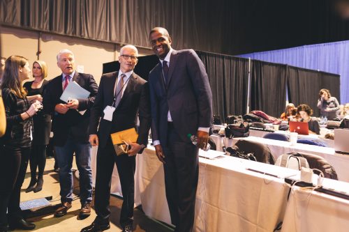 CNN's John King, Anderson Cooper and Bakari Sellers in the press pen. (Josh Leff/The DePaulia)