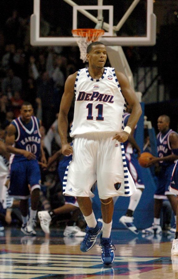 DePauls Sammy Mejia (11) reacts after tying the game in the second half as the Blue Demons defeated Kansas 64-57 at the Allstate Arena in Rosemont, Illinois, Saturday, December 2, 2006. (John Konstantaras/Chicago Tribune/MCT)