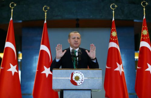 Turkey's President Recep Tayyip Erdogan talks during an event in Ankara, Turkey, Wednesday, Jan. 18, 2017. Turkey's parliament on Wednesday embarked on a second round of voting on a contentious package of constitutional amendments that would give Erdogan's office new executive powers. Currently, the presidency is largely ceremonial. (Presidency Press Service via AP, Pool)