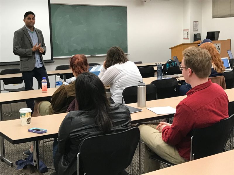 Ald. Ameya Pawar speaks to the DePaul Democrats at their weekly meeting. (Brenden Moore/The DePaulia)