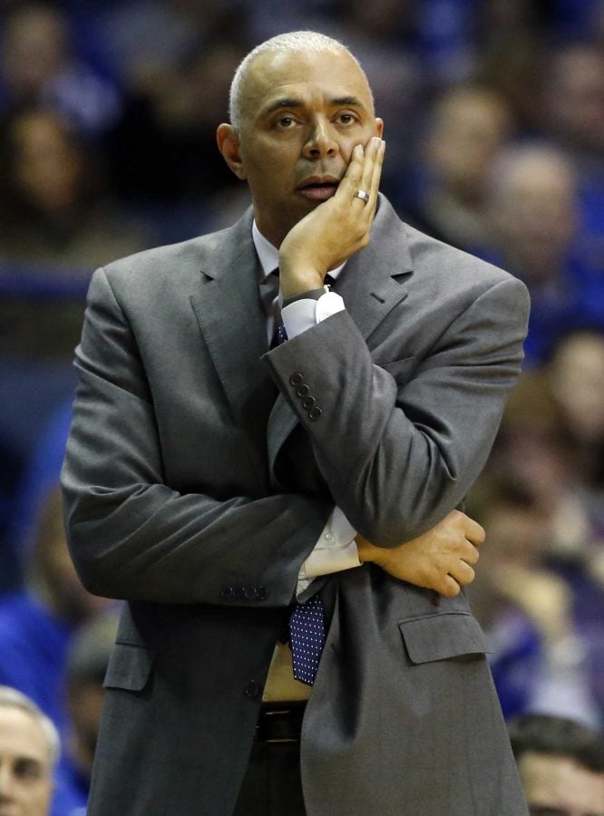 DePaul head coach Dave Leitao reacts as he watches his team during the second half of an NCAA college basketball game against Creighton Saturday, Feb. 11, 2017, in Rosemont, Ill. Creighton won 93-58. (AP Photo/Nam Y. Huh)