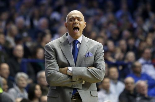 DePaul head coach Dave Leitao yells at his team during the first half of an NCAA college basketball game against Villanova, Monday, Feb. 13, 2017, in Rosemont, Ill. (AP Photo/Charles Rex Arbogast)