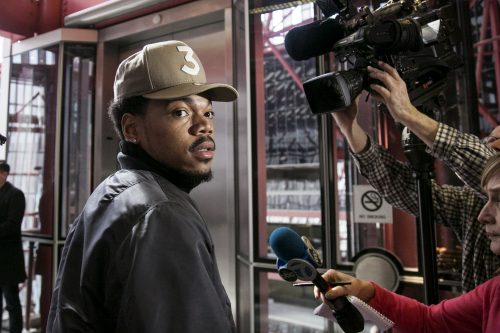 Grammy-winning artist Chance the Rapper meets with reporters at the Thompson Center in Chicago after a meeting with Illinois Gov. Bruce Rauner on Friday, March 3, 2017. (Ashlee Rezin/Chicago Sun-Times via AP)