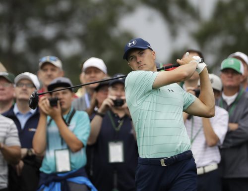 Jordan Spieth hits on the eighth tee during a practice round for the Masters golf tournament Wednesday, April 5, 2017, in Augusta, Ga. (AP Photo/David J. Phillip)