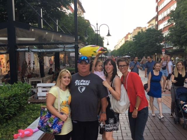 Women’s tennis coach Mark Ardizzone meets former players Gergana Ganeva, Dunja Antunovic and Beatrix Csordas in Bulgaria.  (Photo courtesy of Mark Ardizzone)