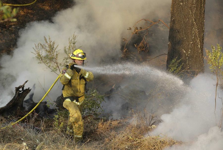 A Cal Fire firefighter works on hot spots on a hill in the Oakmont area of Santa Rosa, California, Thursday, Oct. 12. (Photo courtesy of The Associated Press)