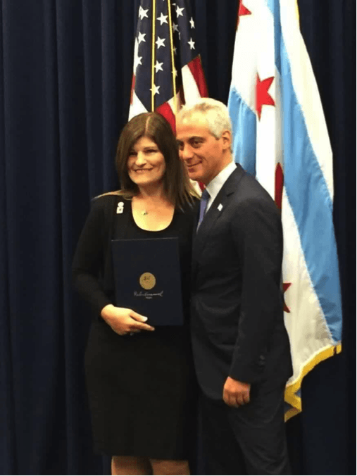 Angalia Bianca received the Resolution for Bravery Award from Mayor Rahm Emanuel.
(Photo courtesy of Angalia Bianca)