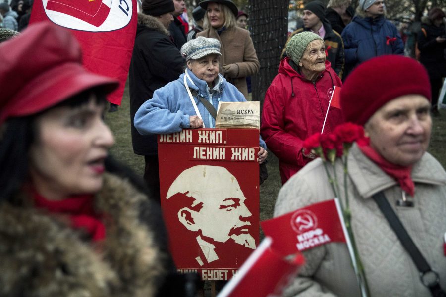 Communist party supporters marched in Moscow on the 100th anniversary of the revolution.
(Photo courtesy of The Associated Press)