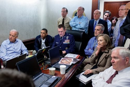 Souza captures Obama and his cabinet intensely watching the bin Laden raid carry out.