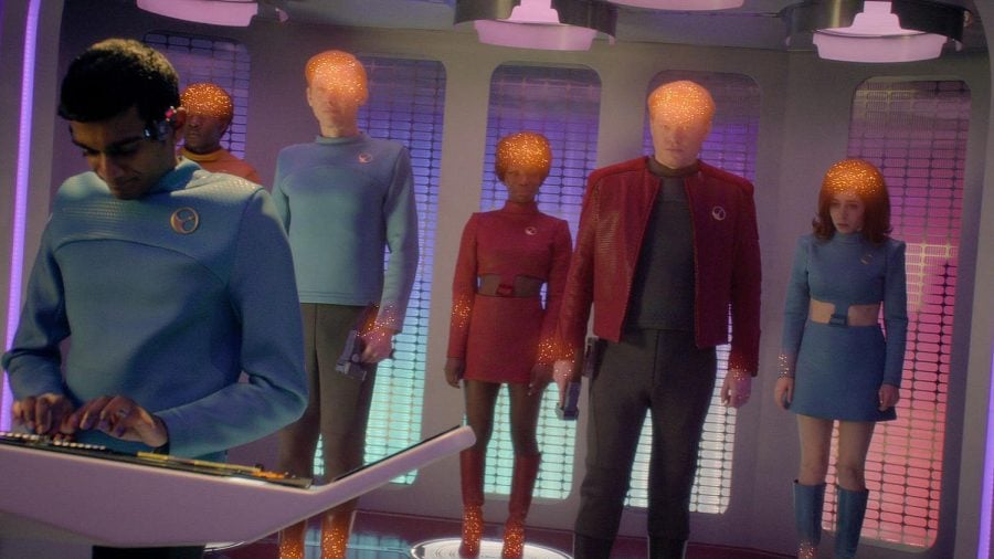 In the season premiere episode USS Callister, the crew attempts to appease their seemingly bold and charismatic leader, as they are transported into action.   
(Photo courtesy of IMBD)