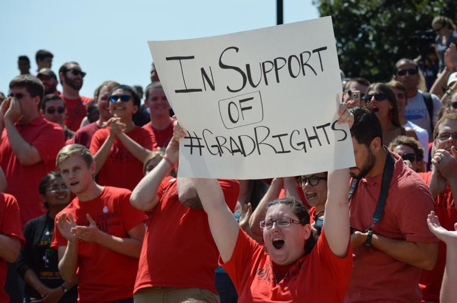 Graduate students at the University of Missouri during a 2015 protest where students supported the unionization route.  (Photo courtesy of The Maneater)