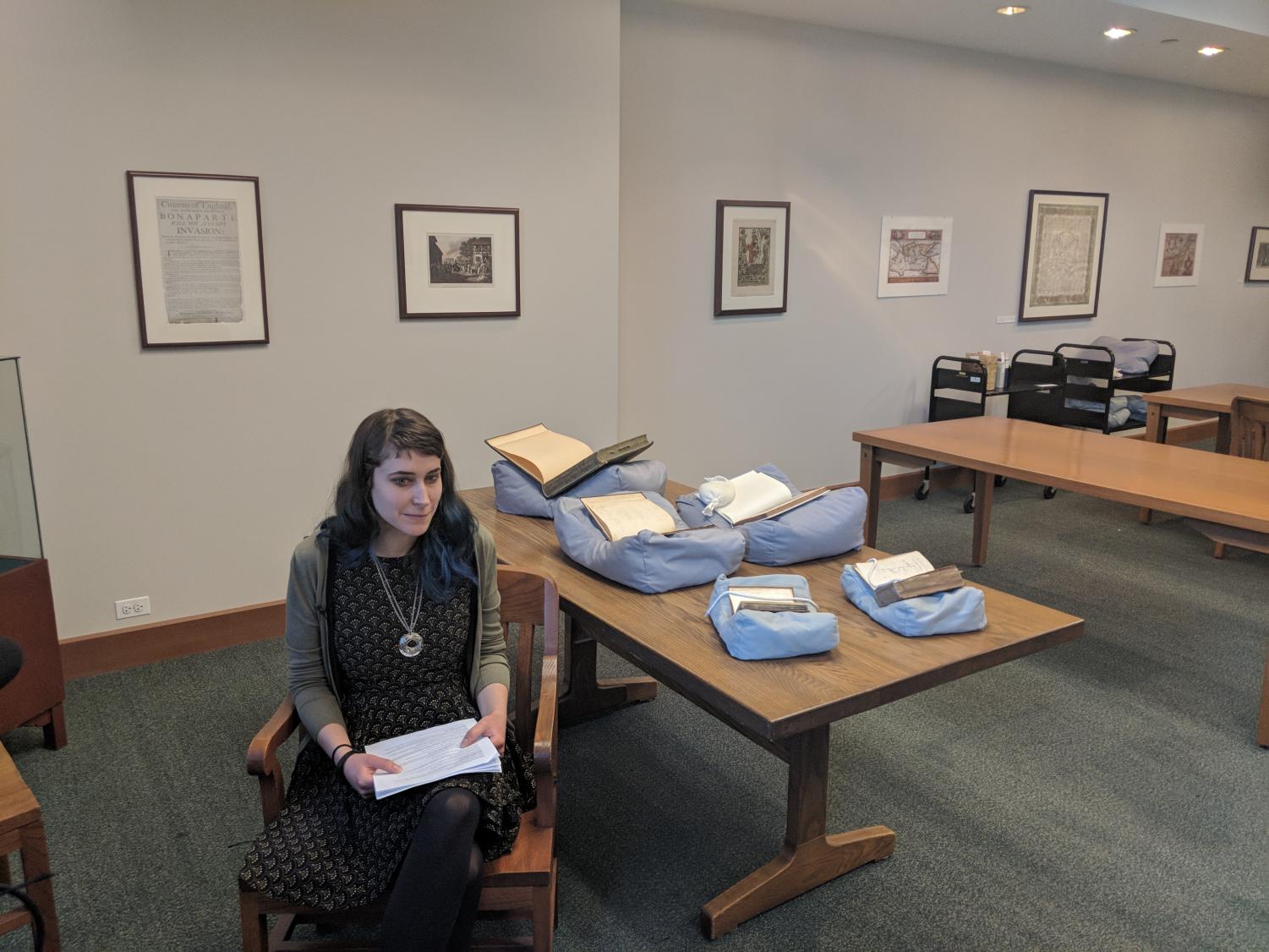 Rare books librarian Nora Gabor shows off the five rarest books in DePaul’s collection.
(Jonathan Ballew | The DePaulia)