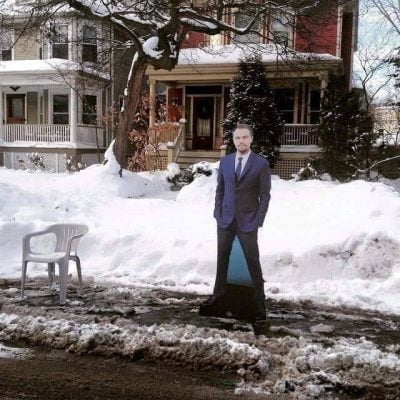 Some Chicagoans spend hours shoveling out parking spaces after snowy conditions. This spot is claimed by a Leonardo DiCaprio cardboard cutout.
(Jonathan Ballew | The DePaulia)