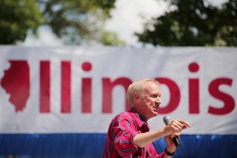 ov. Bruce Rauner delivered the annual budget address on Wednesday. Facing reelection, he proposed that the state no longer cover teacher pensions, instead shifting the burden to school districts.
(Photo courtesy of Chicago Tribune)