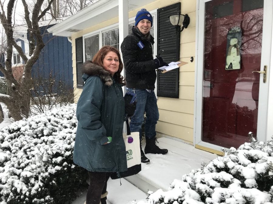 Morrison sports his DePaul beanie while canvassing the 15th District with Democratic congressional candidate Amanda Howland.
(Photo courtesy of Kevin Morrison)