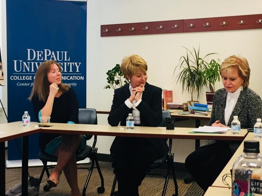 Codirector of the DePaul Center for Journalism Integrity and Excellence Carol Marin interviews Pauley and Pistone about the challenges of journalism.
(Brian Pearlman | The DePaulia)
