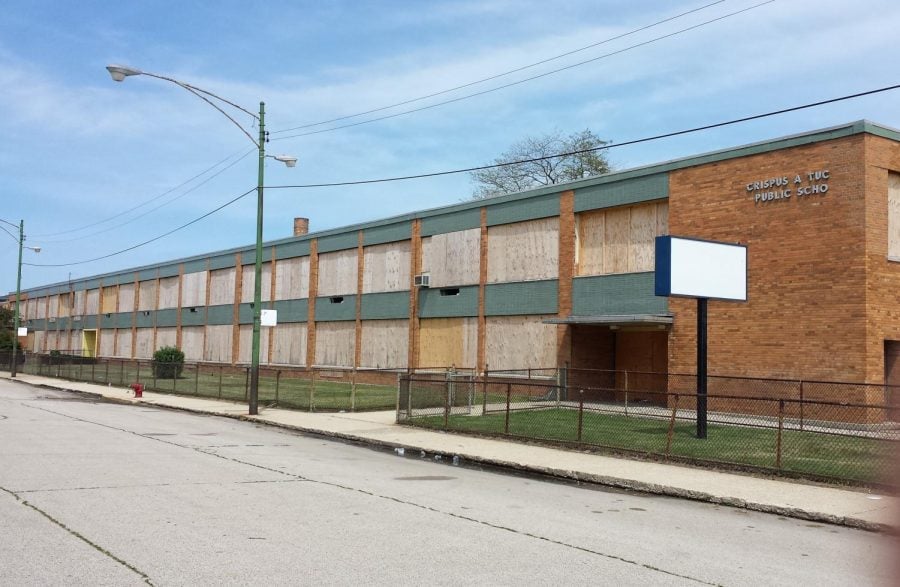 The shuttered Crispus Attucks Public School in the Bronzeville neighborhood was closed in 2008 and has remained empty ever since.
(Photo courtesy of steven kevil | wikimedia commons)