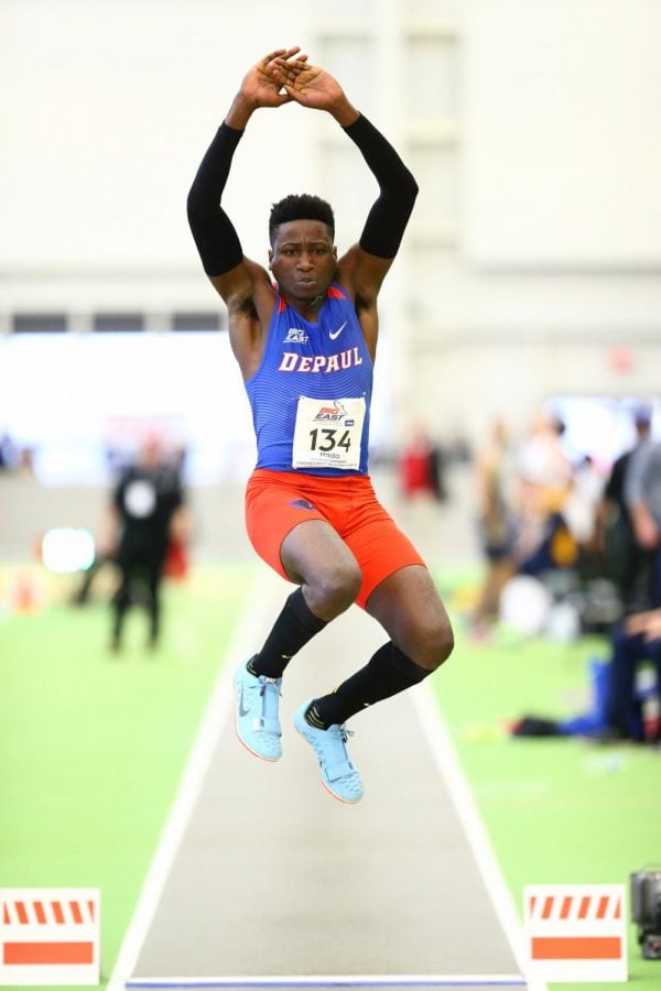 Brian Mada jumping at the 2018 Big East Indoor Track & Field Championship.