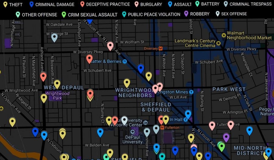 Crimes committed on and near the DePaul Lincoln Park campus from March 30 - April 16, from data obtained via Chicago Open Data Portal.