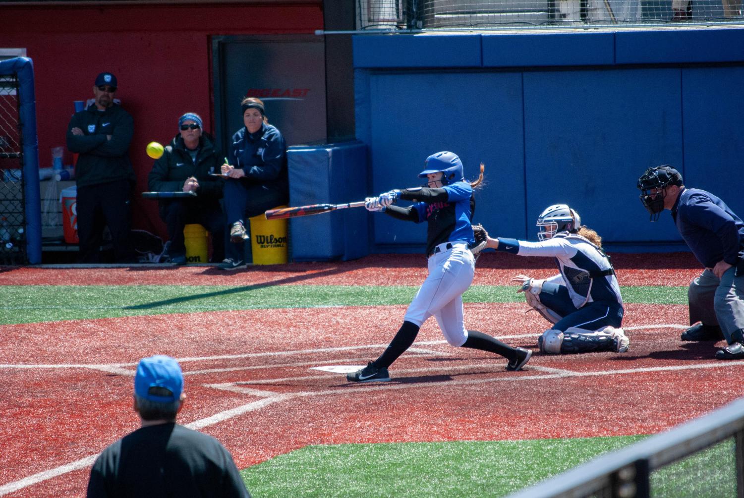 Freshman outfielder Kate Polucha singles to left in the fifth inning during DePaul’s home series against Butler.
(Jonathan Aguilar | The DePaulia)