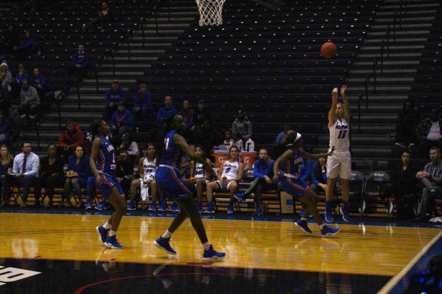 Freshman guard Lexi Held attempts a 3-point shot Monday night in DePaul's 124-61 victory over Savannah State. Andrew Hattersley | The DePaulia