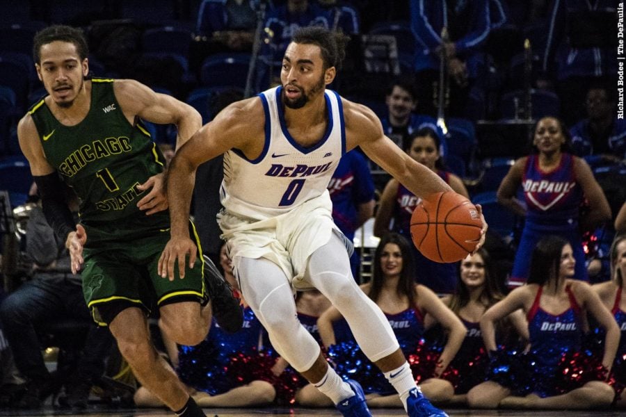 DePaul junior guard Lyrik Shreiner drives past Chicago State guard Rob Shaw. Richard Bodee | The DePaulia 