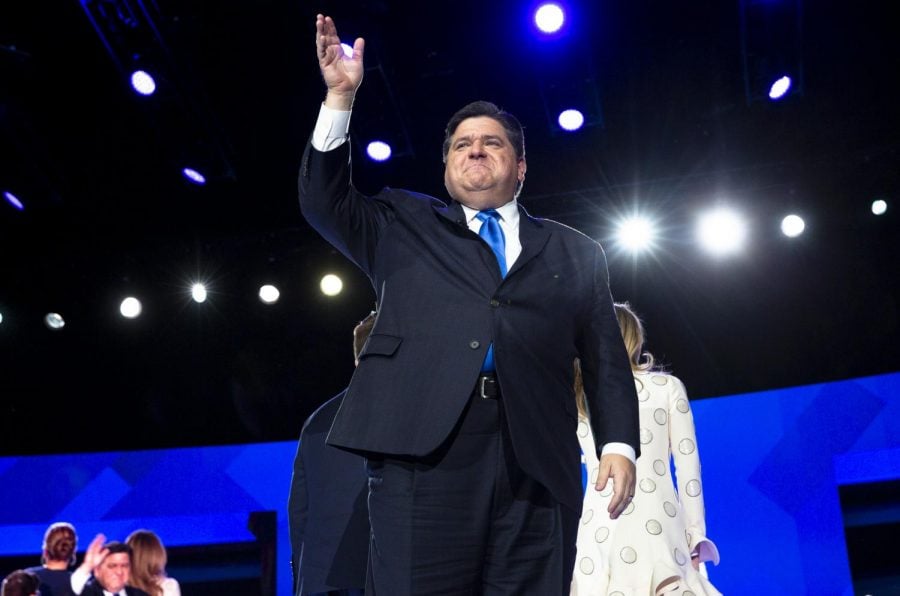 Gov. J.B. Pritzker acknowledges the crowd after being sworn in as the states 43rd governor during the Illinois inaugural ceremony Monday, Jan. 14, 2019 in Springfield, Illinois.