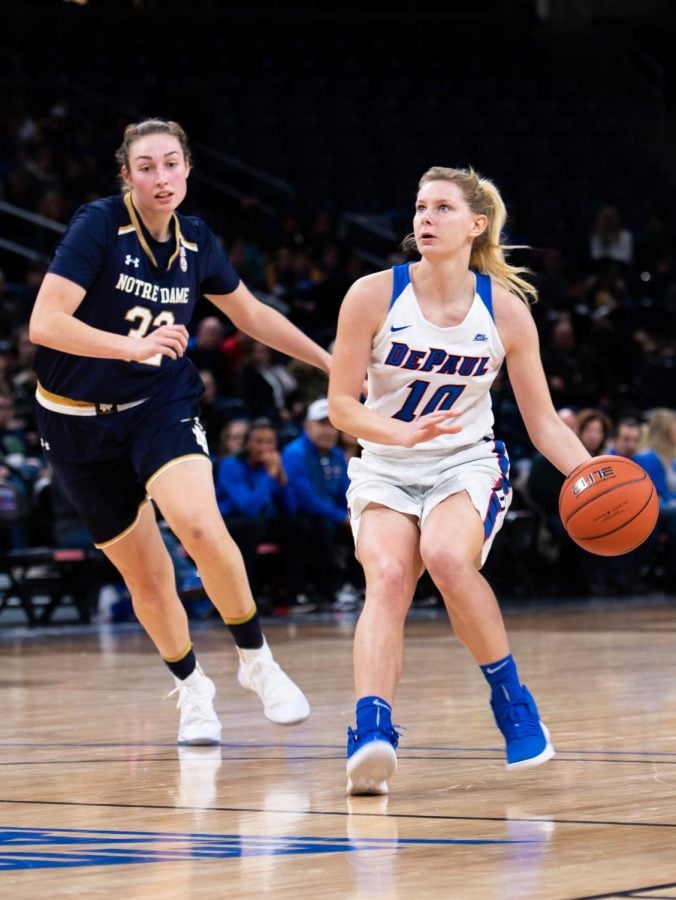 DePaul freshman Lexi Held pulls up for a jumper against Notre Dame on Nov. 17 at Wintrust Arena. 