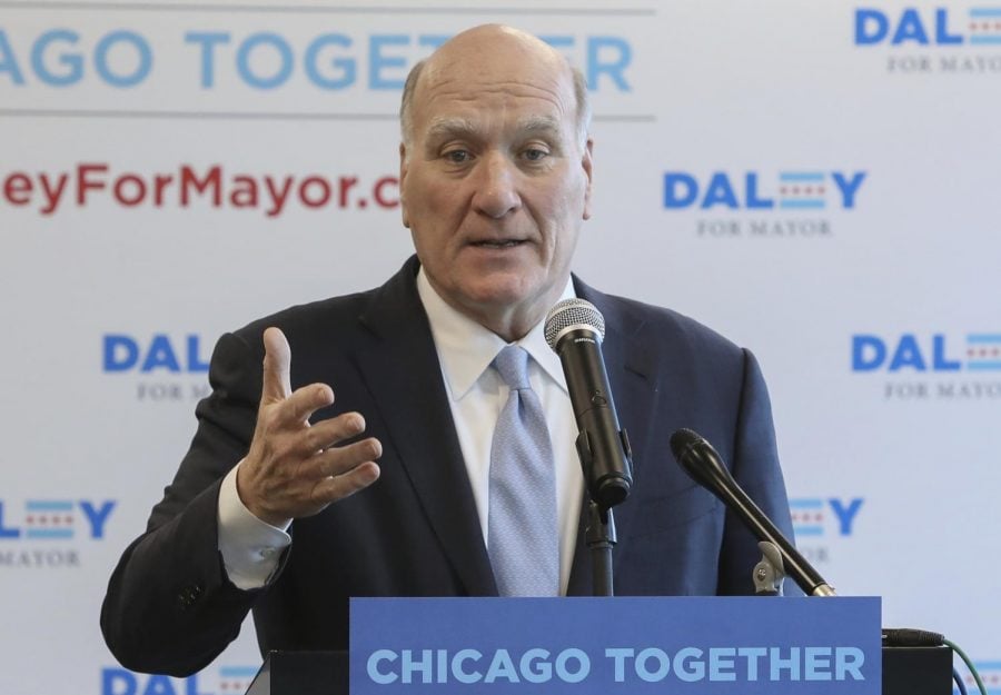Bill Daley speaks during a news conference in Chicago on Feb. 8. Daley is aiming to follow in his father and brother’s footsteps by running for mayor.