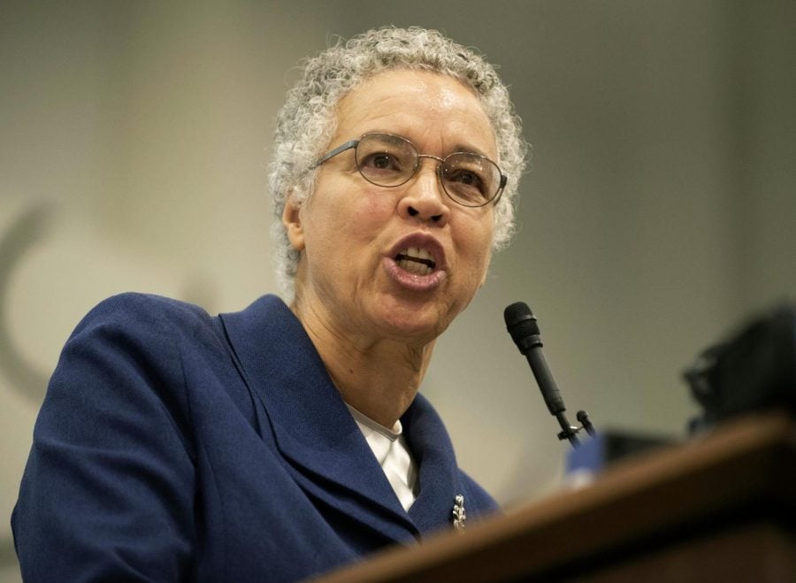 In this Dec. 9. 2018 file photo, Cook County Board President Toni Preckwinkle speaks during a news conference at the Chicago Teachers Union headquarters in Chicago.