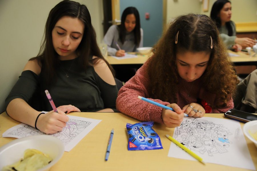 Jenny Pajova (left), a freshman business administration major, draws with her friend Lily Merryman, a freshman biology major. The Self-Care club held its first meeting on Tuesday at the Student Center with and welcomes students to stop by and distress with group activities and an open discussion about student life at DePaul.