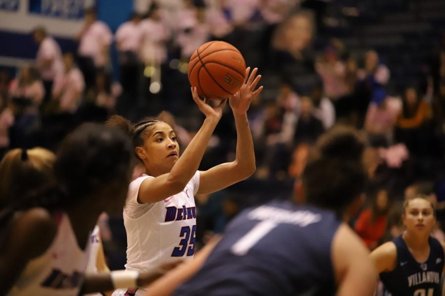 DePaul forward Marte Grays attempts a free throw during DePauls 93-70 victory over Villanova Friday night at McGrath-Phillips Arena.  Alexa Sandler | The DePaulia