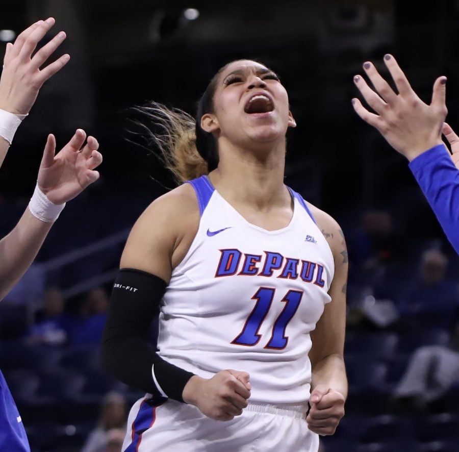 Freshman+guard+Sonya+Morris+celebrates+an+and-one+during+the+third+quarter+of+DePaul%E2%80%99s+victory+over+Creighton+on+Monday+night+at+Wintrust+Arena.+Alexa+Sandler+%7C+The+DePaulia