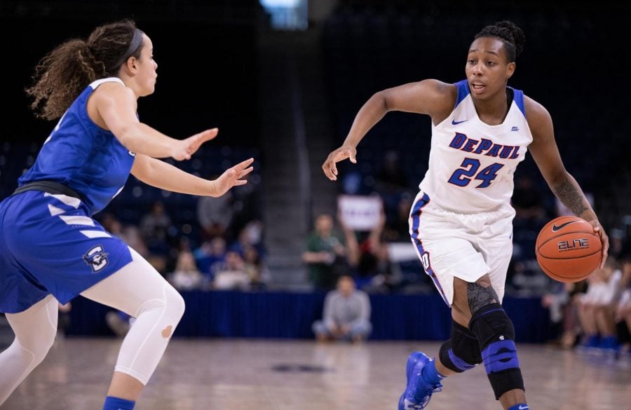 DePaul+senior+guard+Tanita+Allen+drives+to+the+basket+Monday+night+at+Wintrust+Arena.+Allen+finished+with+seven+points+in+eight+minutes+of+action.+Alexa+Sandler+%7C+The+DePaulia