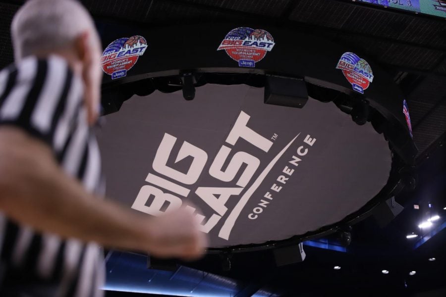 Big East conference logo displayed in place of the DePaul Athletics logo underneath the jumbotron for the Big East Championship at Wintrust Arena. 