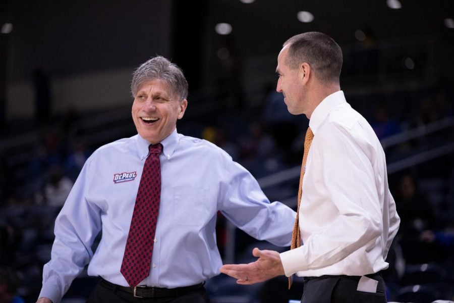 DePaul head coach Doug Bruno talks with Creighton head coach Jim Flanery on March 12, 2019 at Wintrust Arena