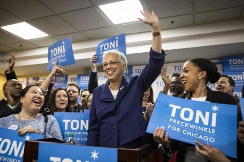 Toni Preckwinkle adresses a crowd of supporters Tuesday. She will face Lori Lightfoot in the runoff election, marking the first time in history of Chicago a  black woman will be elected mayor. 