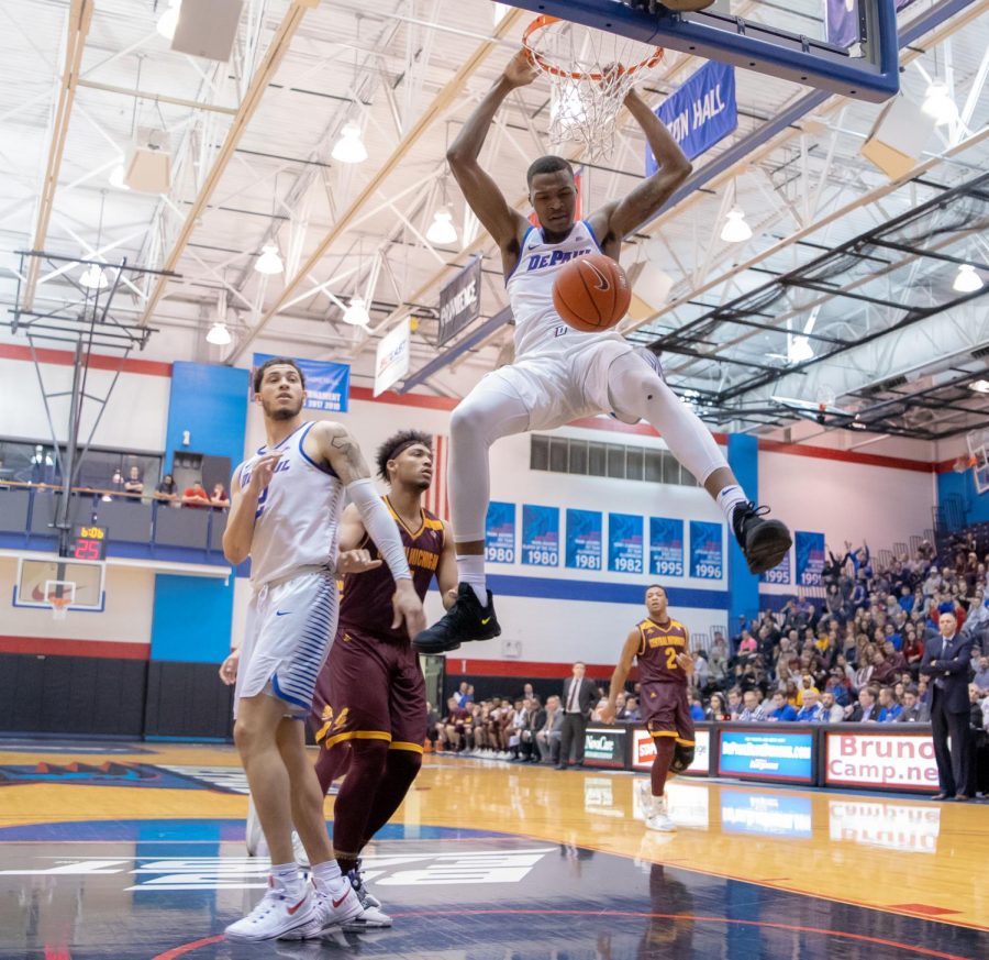 Sophomore forward Paul Reed dunks against Central Michigan during the Roman Catholic Basketball Invitational Wednesday night at McGrath-Phillips Arena. DePaul advanced to the quarterfinals of the tournament with a 100-86 victory. Jonathan Aguilar | The DePaulia