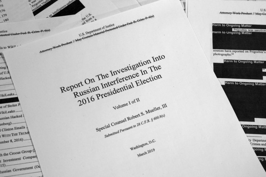Special counsel Robert Muellers redacted report on Russian interference in the 2016 presidential election as released on Thursday, April 18, 2019, is photographed in Washington.