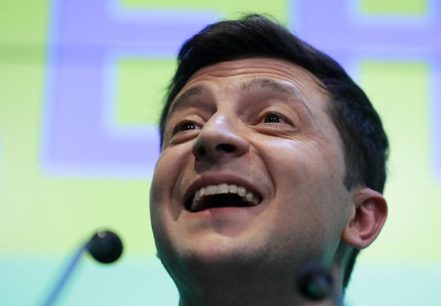 Ukrainian comedian and presidential candidate Volodymyr Zelenskiy speaks to the media and his supporters at his headquarters after the second round of presidential elections in Kiev, Ukraine, Sunday, April 21, 2019. A comedian whose only political experience consists of playing a president on TV appeared poised to reprise the role in real life when an exit poll showed him winning Ukraines presidential runoff Sunday in a landslide.