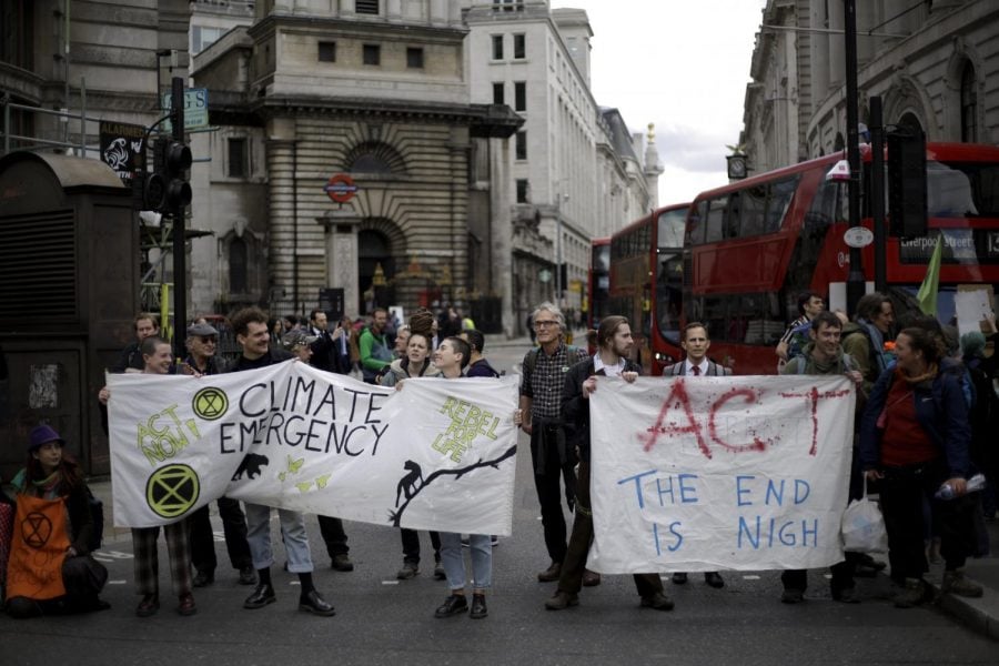 Climate protesters in London outside of the Bank of England on April 25. Organized by the group Extinction Rebellion, the protestors disrupted the city for 10 days. 