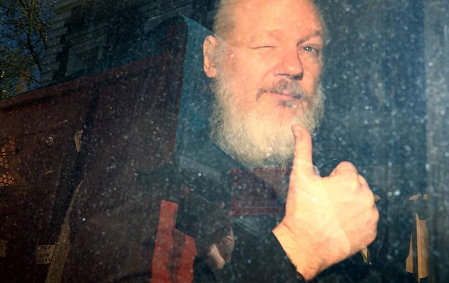 Wikileaks founder Julian Assange after being arrested by British police and removed from the Ecuadorian embassy.
