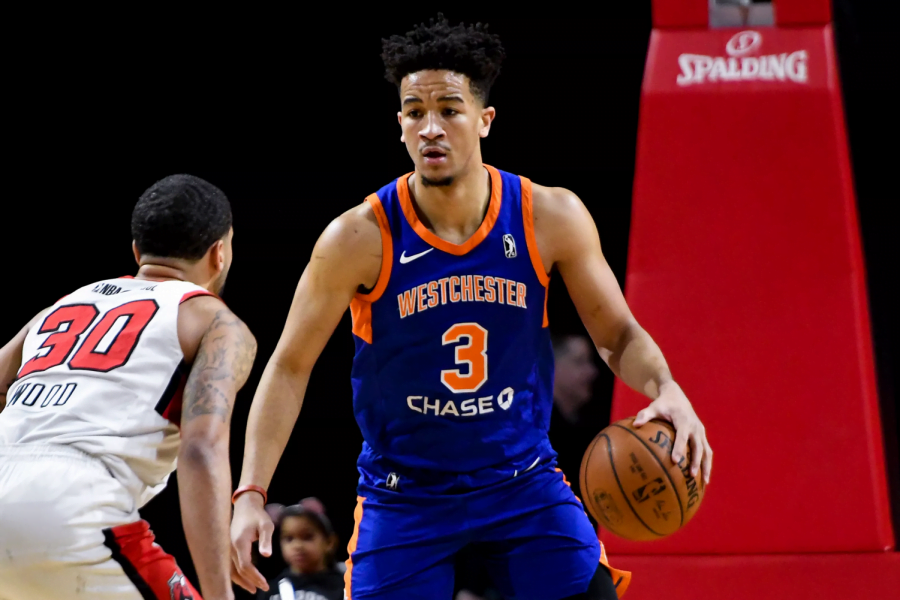 Former DePaul basketball player Billy Garrett Jr. brings up the ball for the Westchester Knicks during a game this season. 