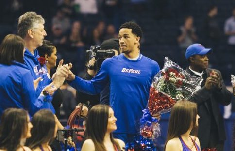 Billy Garrett Jr. being honored at Allstate Arena after his final career home game with the Blue Demons. (Photo courtesy of DePaul Athletics)