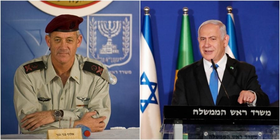 LEFT: Former chief of the Israeli Defence Forces Rav Aluf Binyamin Benny Gantz poses at a conference in 2011. RIGHT: Prime Minister-elect Benjamin Bibi Netanyahu speaks at a March 31st meeting with Brazilian president Jair Bolsonaro in Jerusalem. Netanyahu was elected to a fifth term as polls closed April 10, 2019, and he appears set to head the next coalition government. 