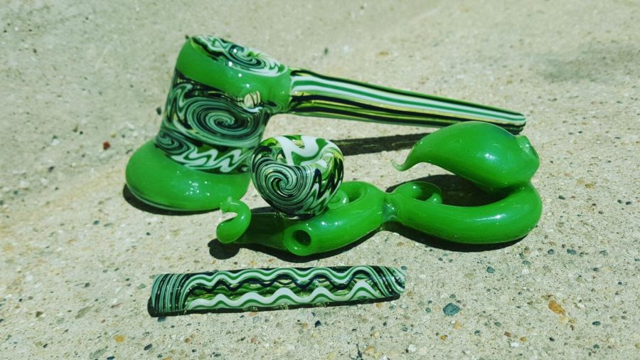 Three finished products from Pete Rivers. Back to front: A bubbler, a pipe and a chillum.
