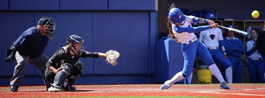 DePaul sophomore infielder Maranda Guiterrez hits her second home run of against Providence on Saturday. The Blue Demons won both games on April 13 8-0 and 8-2. 