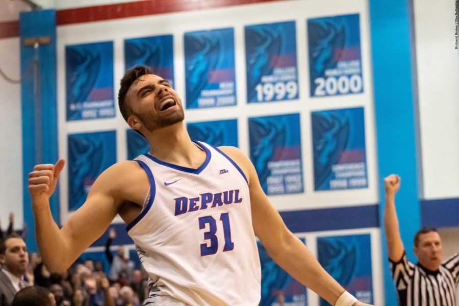 Senior guard Max Strus exclaims after the final buzzer sealing the loss for DePaul Friday night at the McGrath-Phillips arena. The Demons received second place in the CBI tournament, with South Florida Bulls getting first place. Richard Bodee | The DePaulia