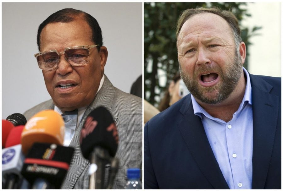 Facebook has banned Louis Farrakhan (left), Alex Jones (right) and others from its platform and from Instagram saying they violated its ban against hate and violence.